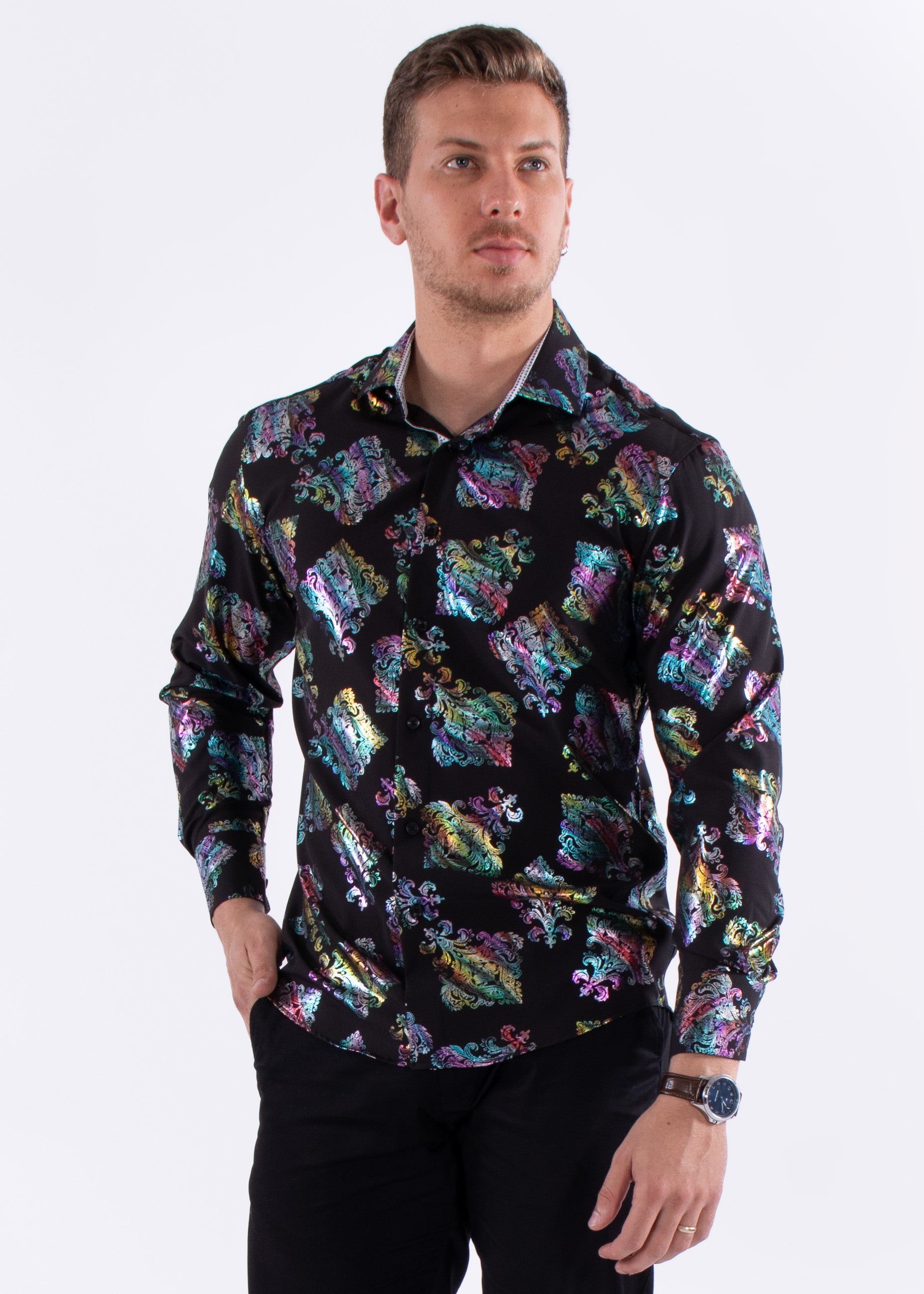 holographic dress shirt Unique Bargains Men's Holographic Shirt Button Down Party Shiny Metallic Shirt S Purple
