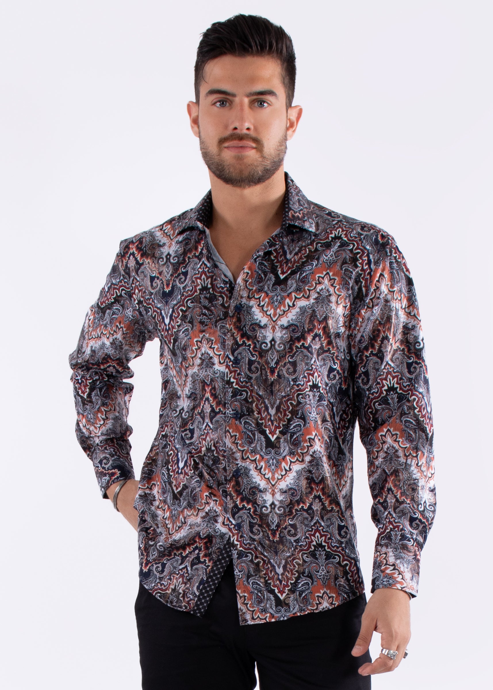 Multicolor Autumn Print Long Sleeve Dress Shirt Navy / 3X