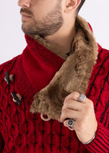 High-Neck Fur Lined Pullover Sweater Red