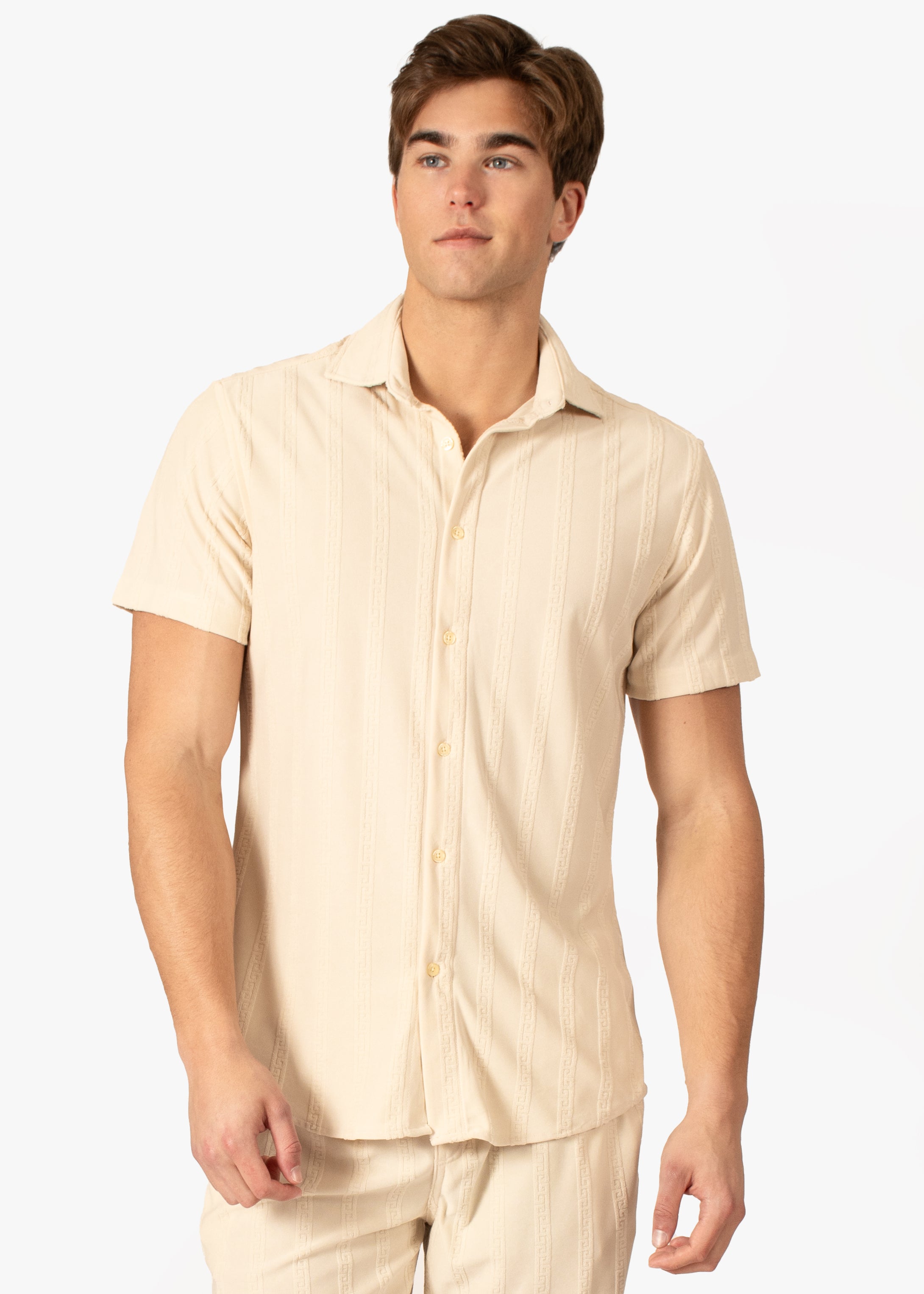 Naturally Chic Button-Up Short Sleeve Dress Shirt BEIGE / SM