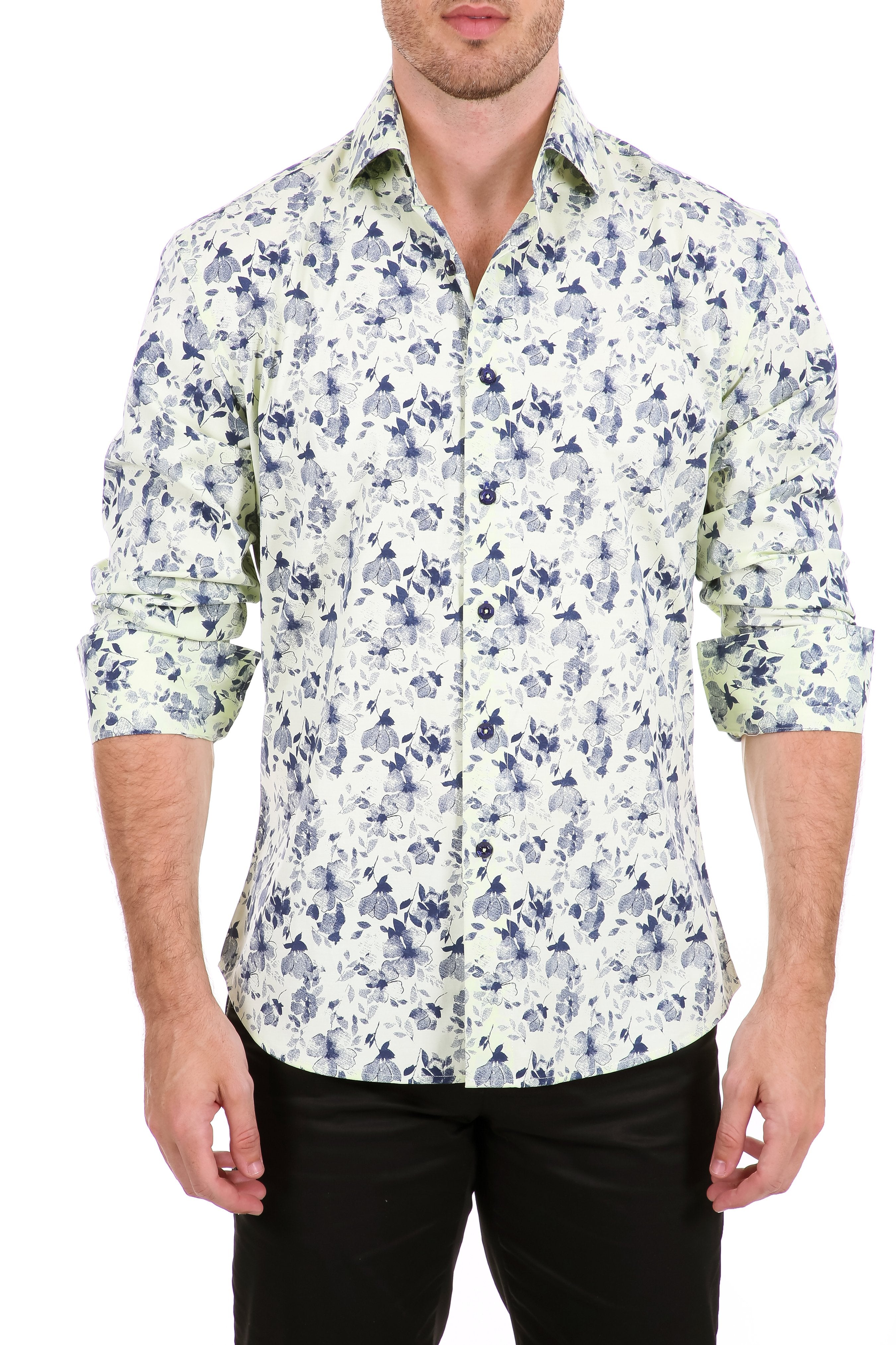 Floral Watercolor Print Long Sleeve Dress Shirt Yellow by Bespoke Moda