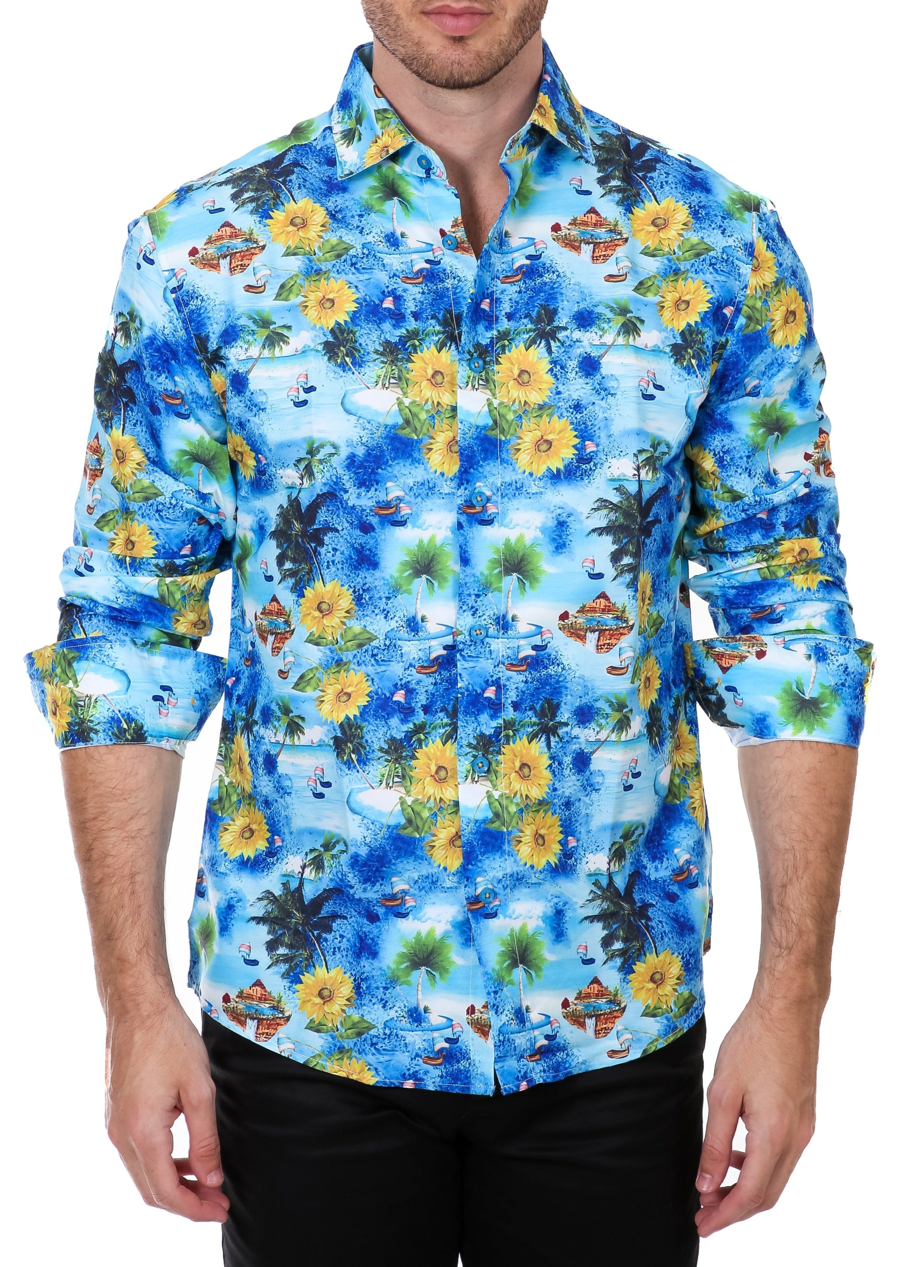 Tropical Sunflower Button Up Long Sleeve Dress Shirt by BESPOKE MODA Tropical Sunflower Button Up Long Sleeve Dress Shirt by BESPOKE MODA