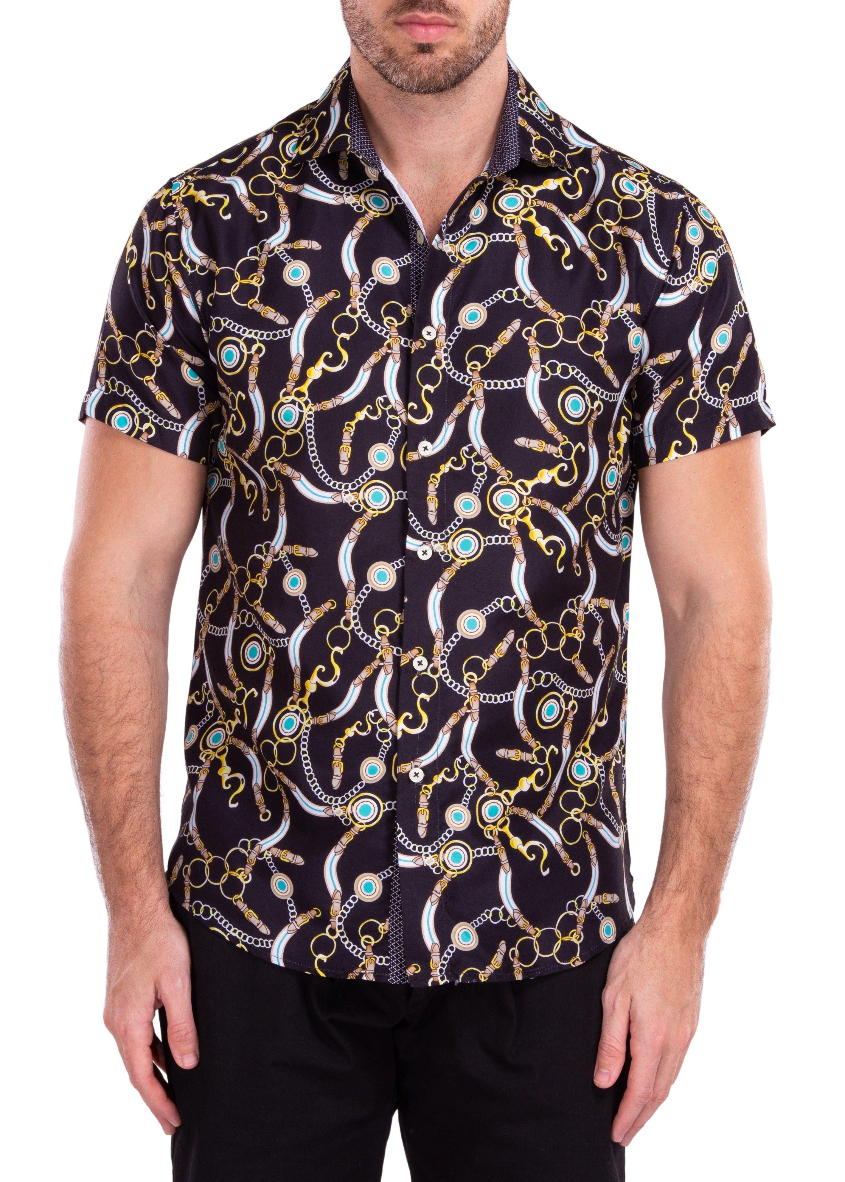 Vintage Chain Print Black Button Up Short Sleeve Dress Shirt by Bespoke Moda