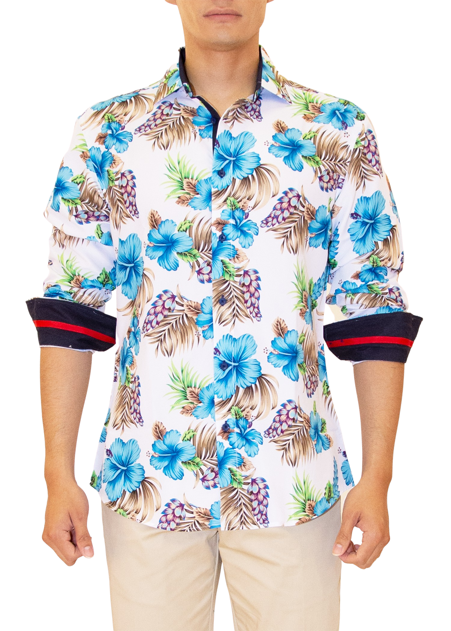 Blue Hibiscus Hawaiian Print Long Sleeve Dress Shirt White by Bespoke Moda