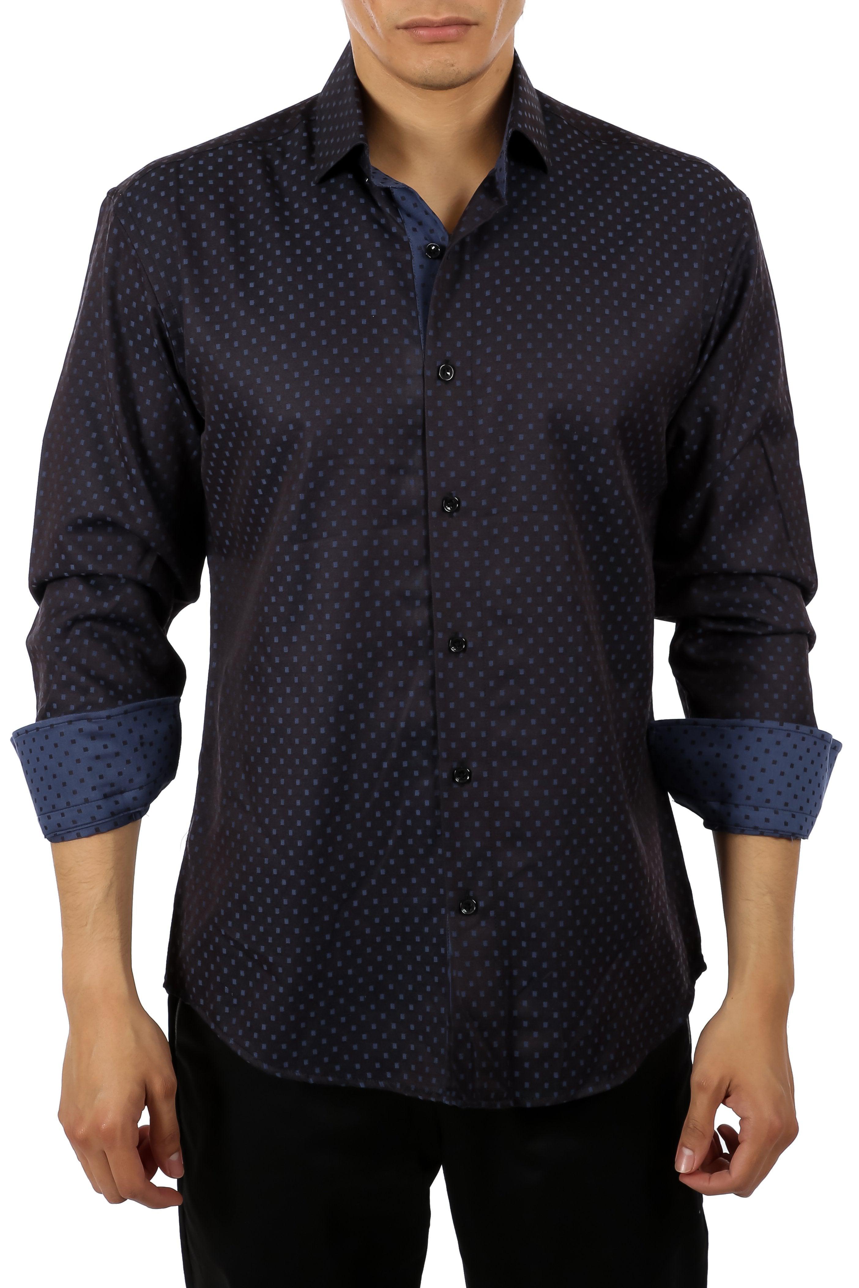 Square Print Contrast Cuff Long Sleeve Dress Shirt Black Black / XL