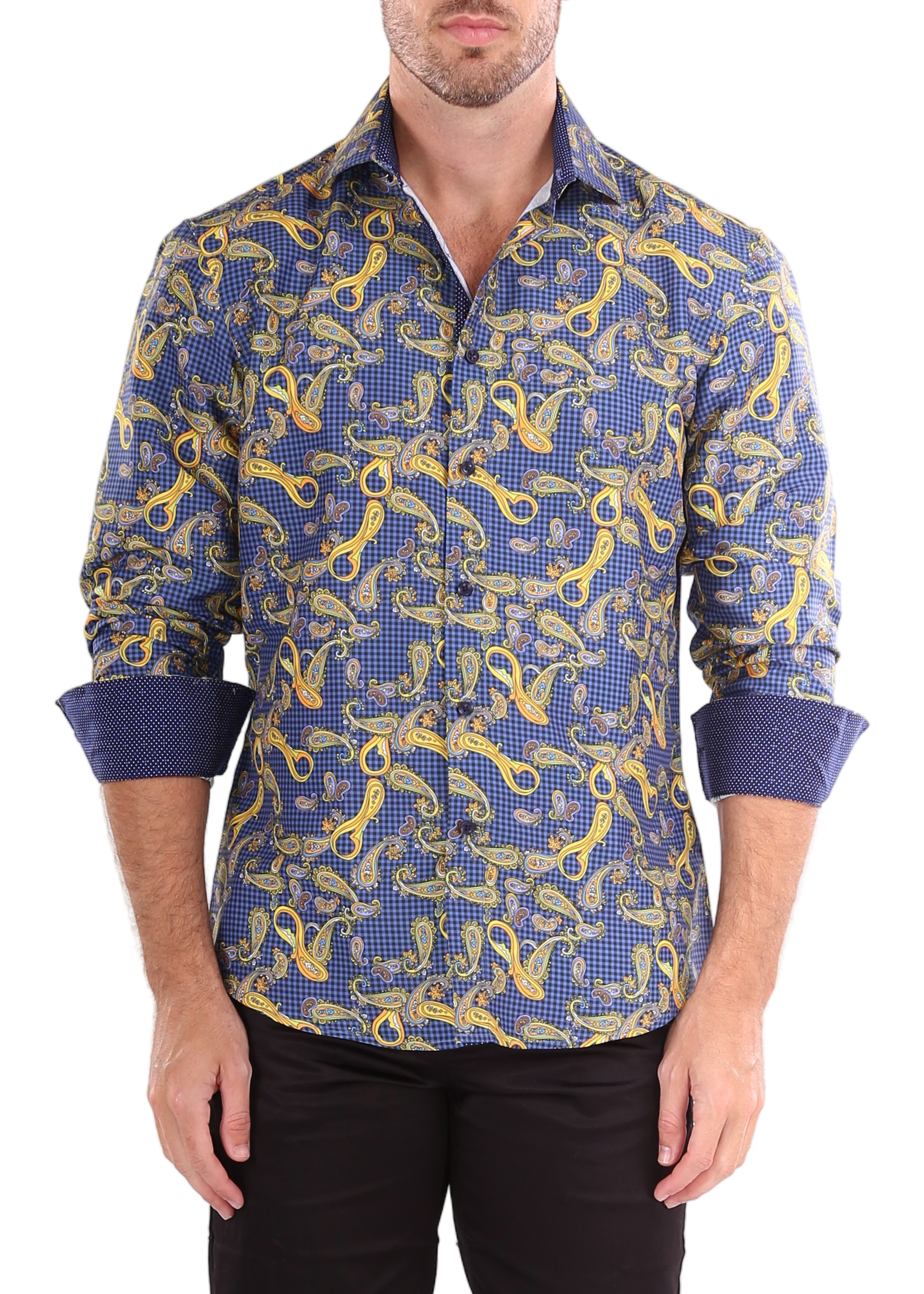 Paisley On Gingham Long Sleeve Dress Shirt NAVY NAVY / XL
