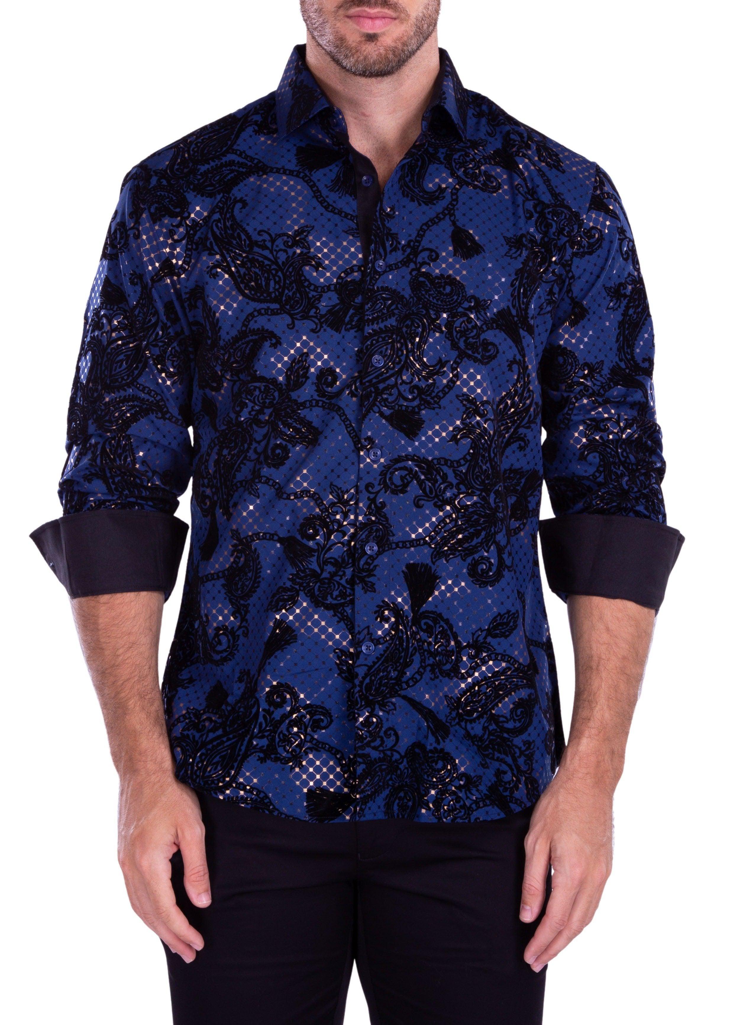 Paisley Velvet Metallic Windowpane Long Sleeve Dress Shirt NAVY NAVY / SM Paisley Velvet Metallic Windowpane Long Sleeve Dress Shirt NAVY NAVY / SM