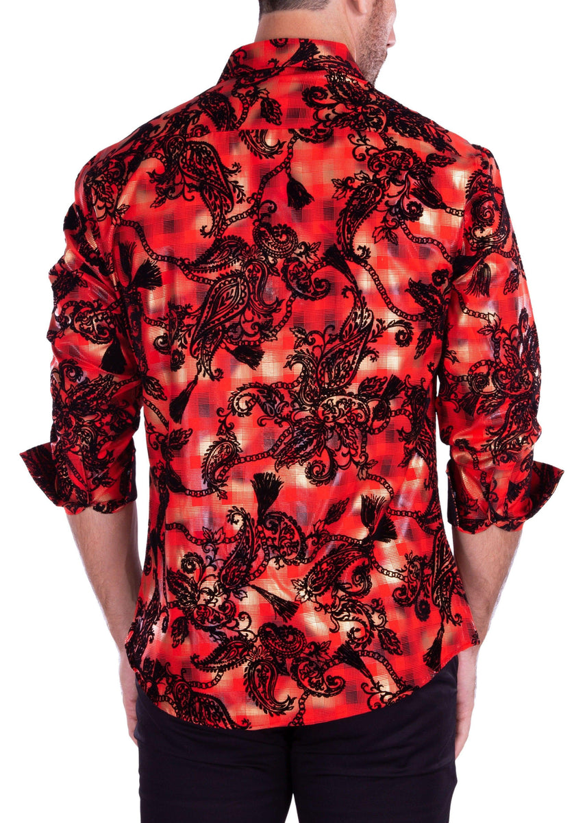 Velvet Paisley On Metallic Plaid Long Sleeve Dress Shirt Red