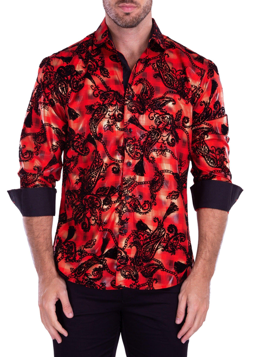 Velvet Paisley On Metallic Plaid Long Sleeve Dress Shirt Red