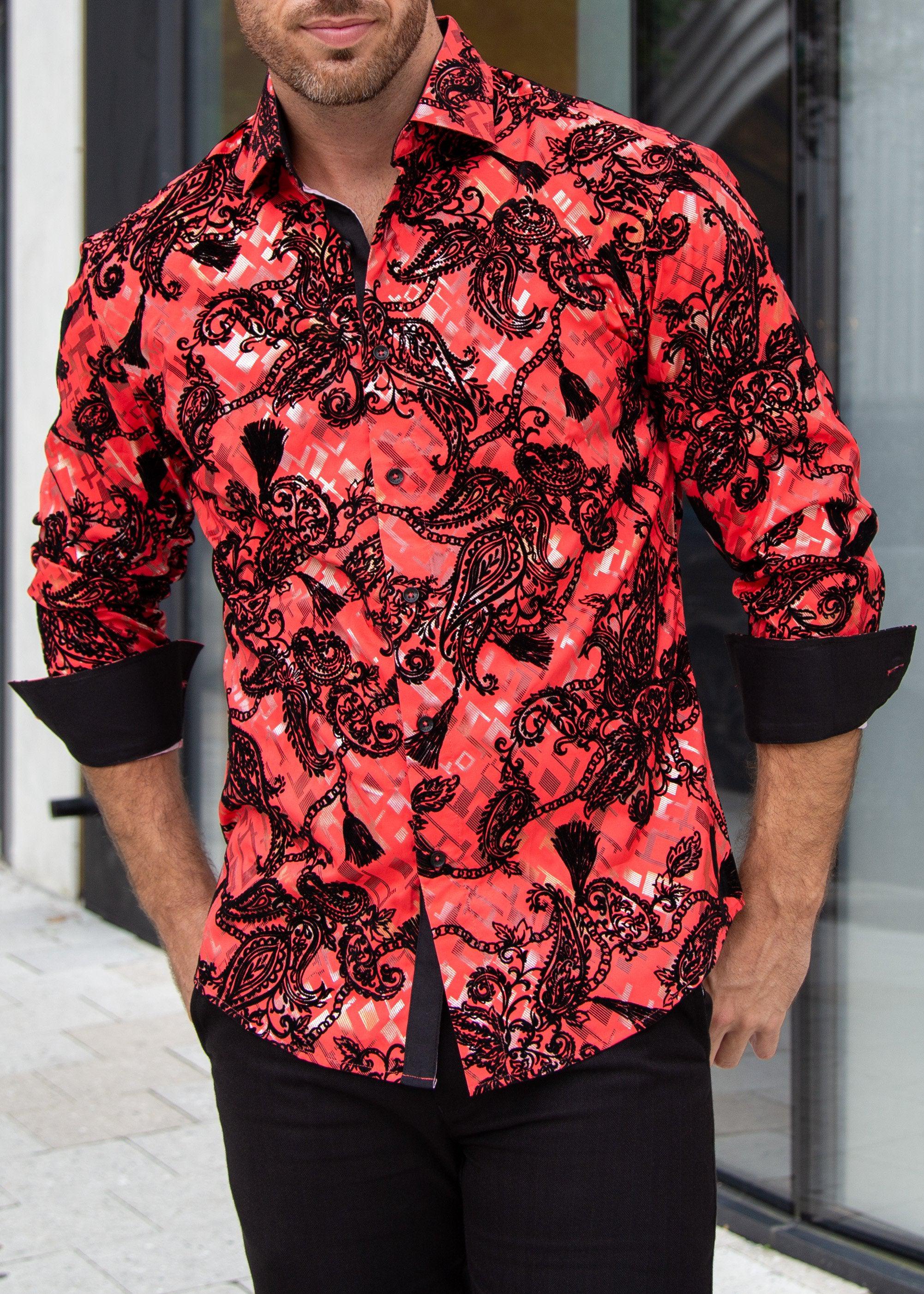 Velvet Paisley Metallic Retro Pattern Long Sleeve Dress Shirt RED RED / MD Velvet Paisley Metallic Retro Pattern Long Sleeve Dress Shirt RED RED / MD