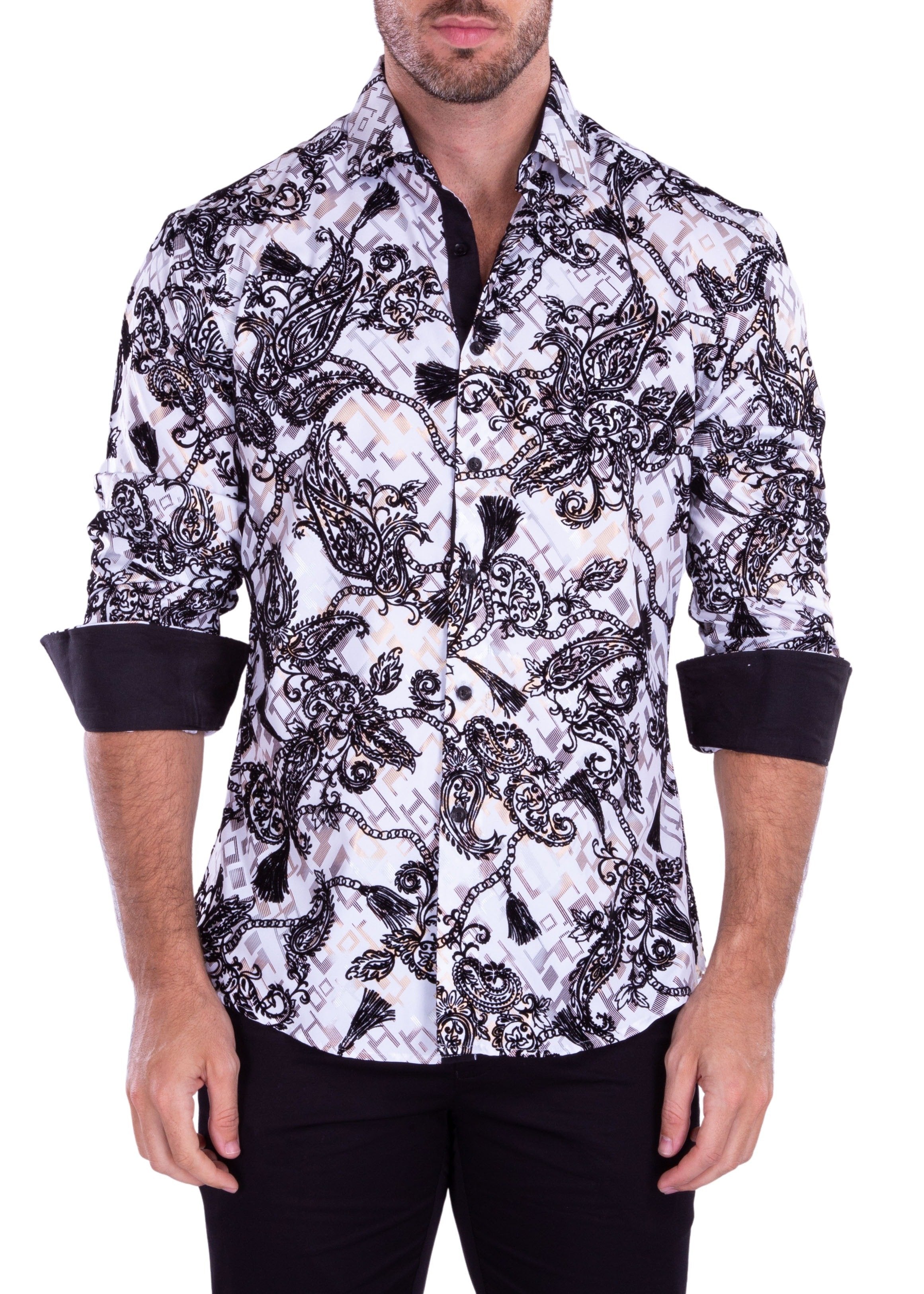 Velvet Paisley Metallic Retro Pattern Long Sleeve Dress Shirt White White / 2X Velvet Paisley Metallic Retro Pattern Long Sleeve Dress Shirt White White / 2X