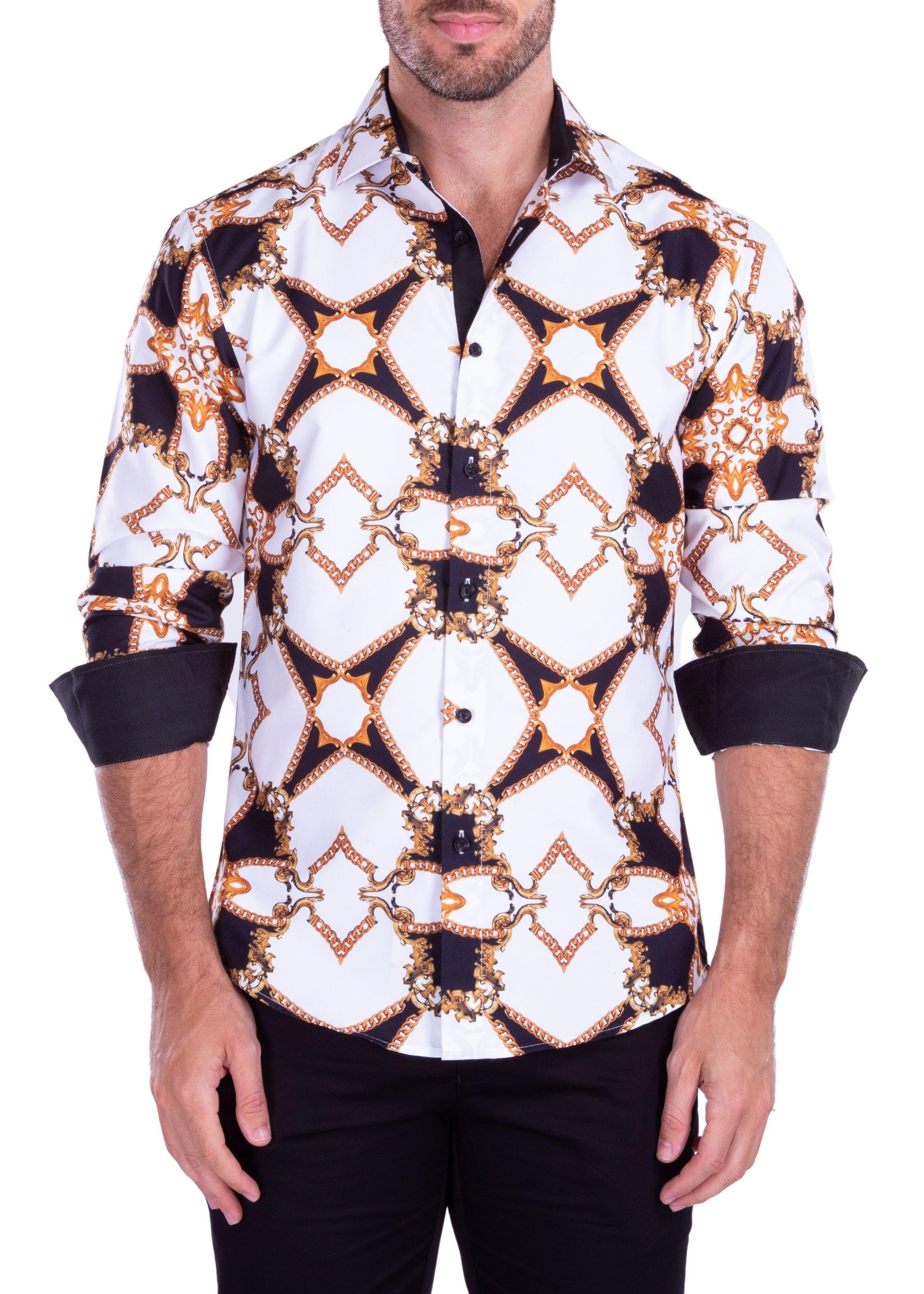 green emerald velvet dress Symmetrical Chain Print Button Up Long Sleeve Dress Shirt White / XL