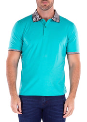 Greek Key Collar & Trim Solid Mint Polo Shirt