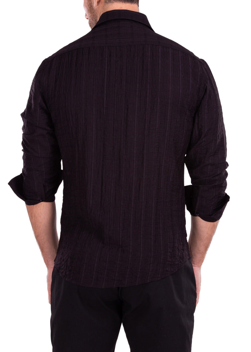 Linen Crinkle Texture Solid Black Button Up Long Sleeve Dress Shirt– BESPOKE  MODA