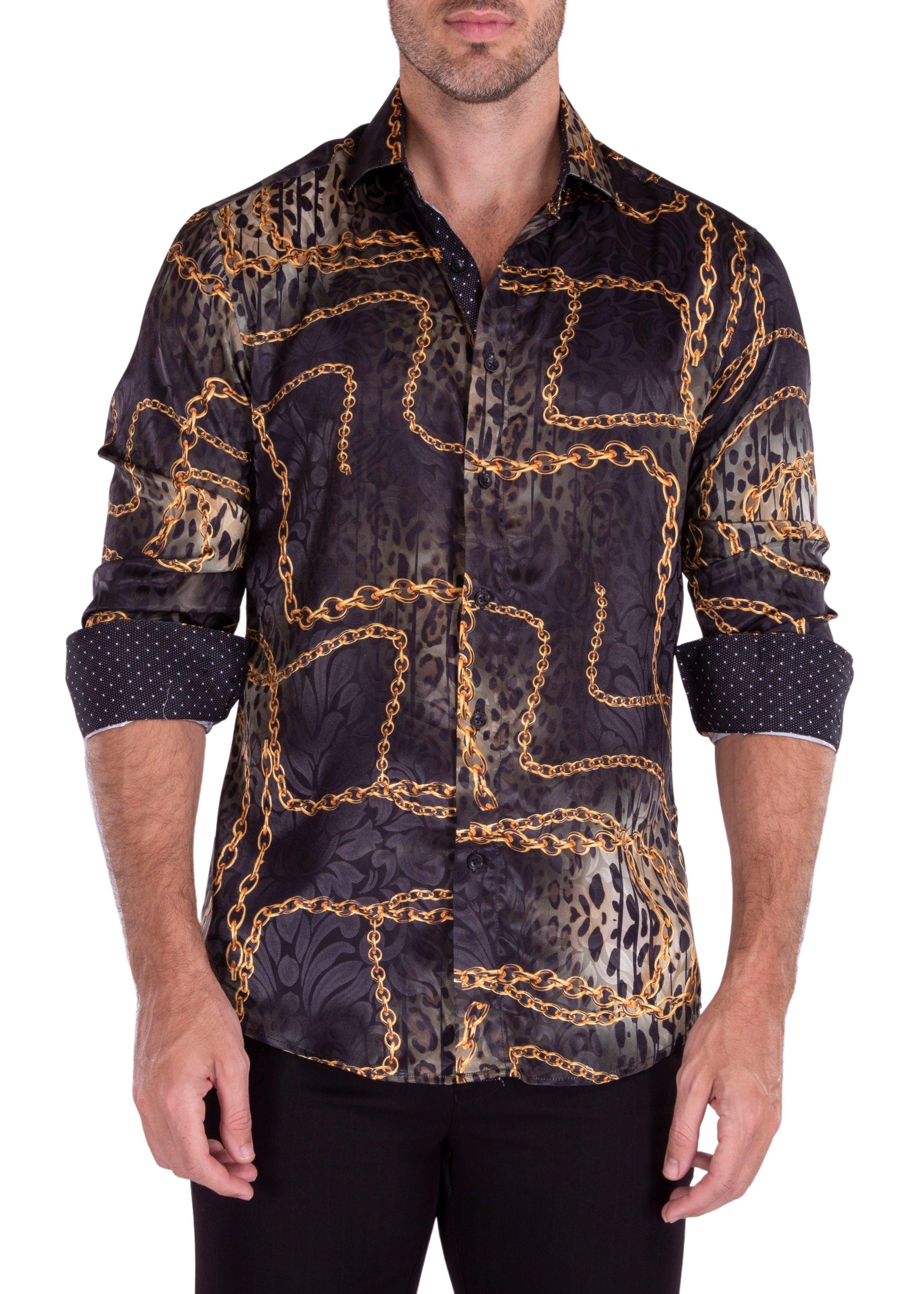 Cheetah & Chain Silk Texture Long Sleeve Dress Shirt Black Black / 3X Cheetah & Chain Silk Texture Long Sleeve Dress Shirt Black Black / 3X