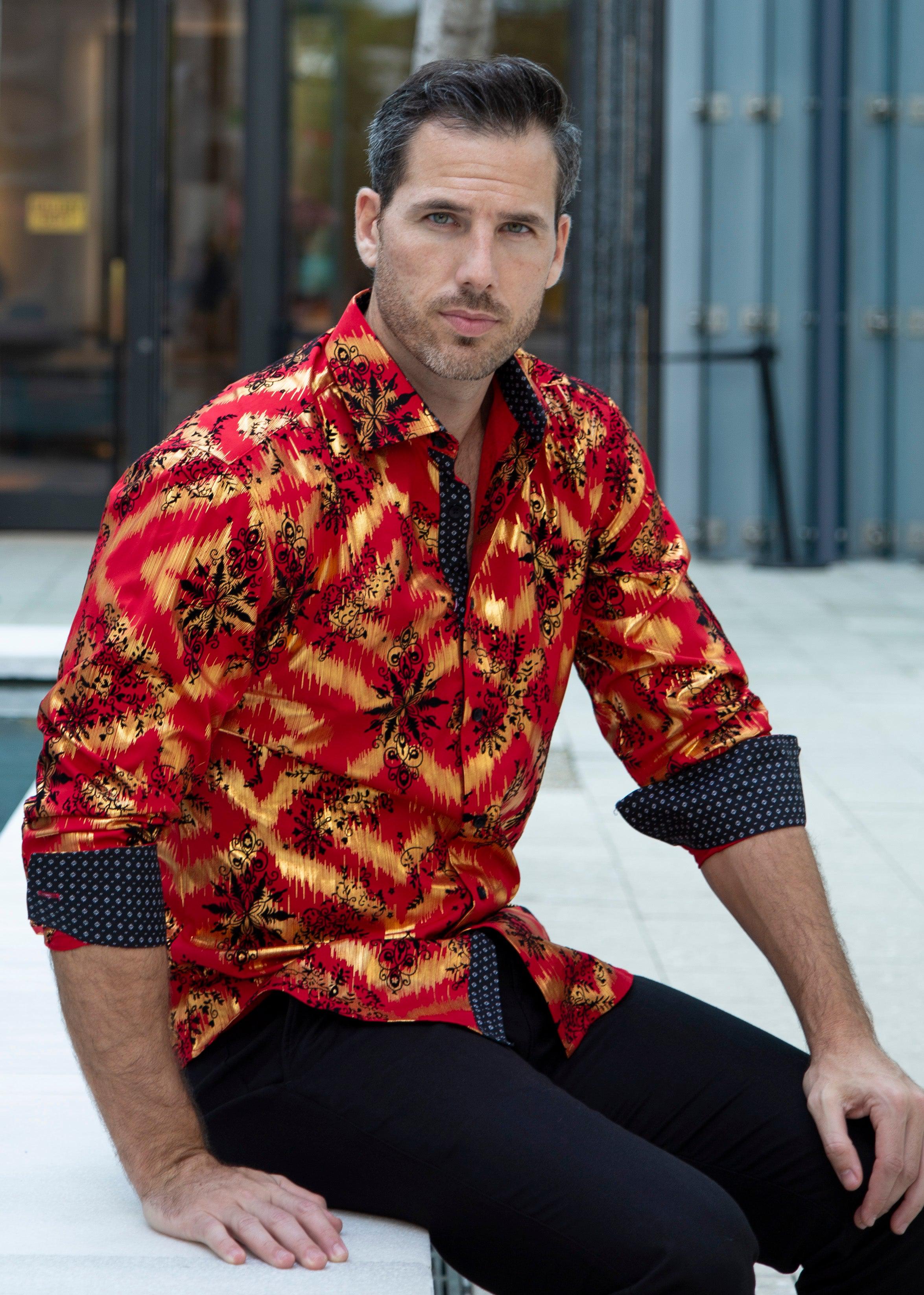 Baroque Mixed Pattern Velvet Texture Long Sleeve Dress Shirt Red Red / LG Baroque Mixed Pattern Velvet Texture Long Sleeve Dress Shirt Red Red / LG