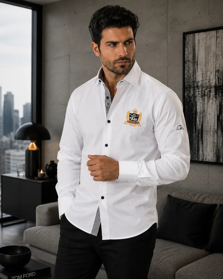Crest Emblem Men's White Dress Shirt with Crest Emblem | Bespoke Moda