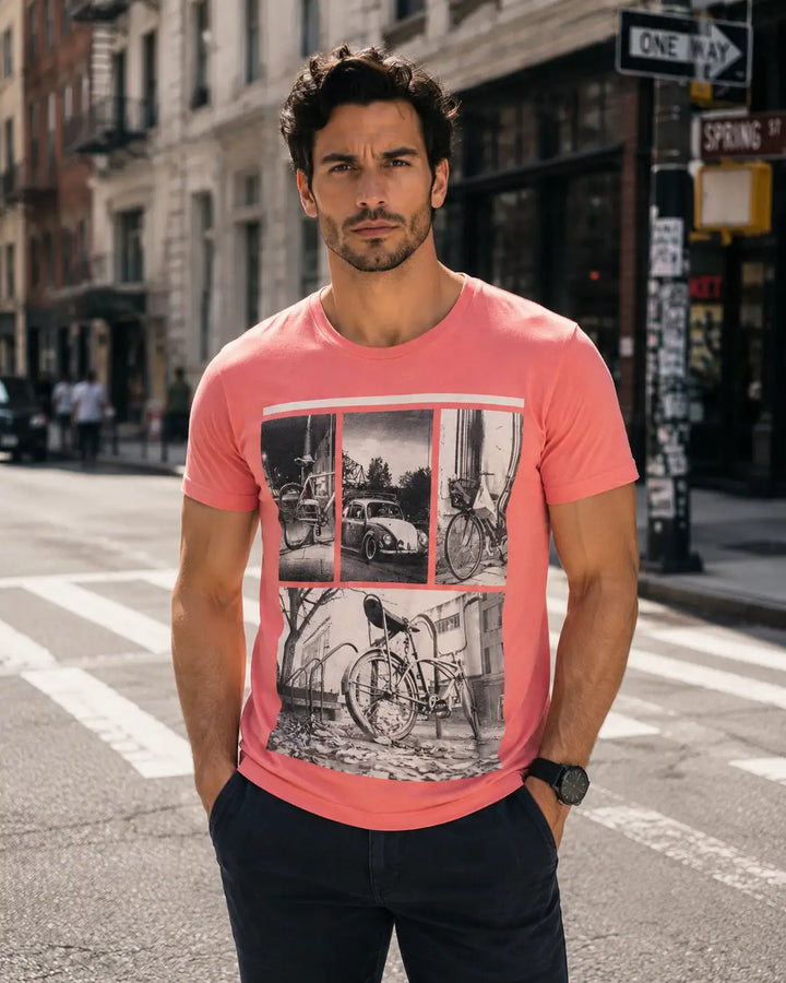 Vintage Bicycles & Cars Graphic Tee Coral