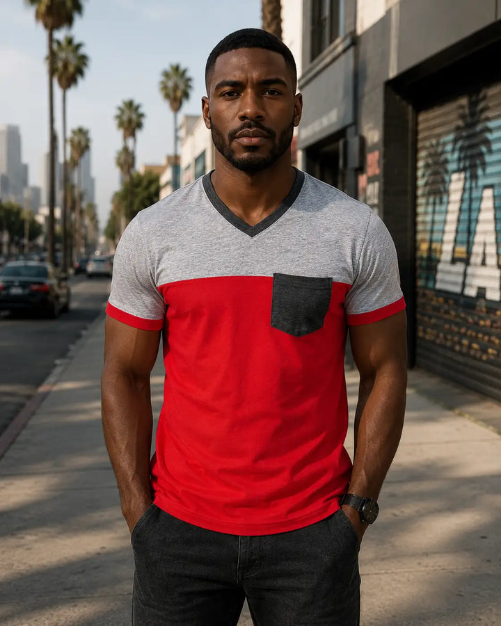 Contrast Color Block Front Pocket Tee Red