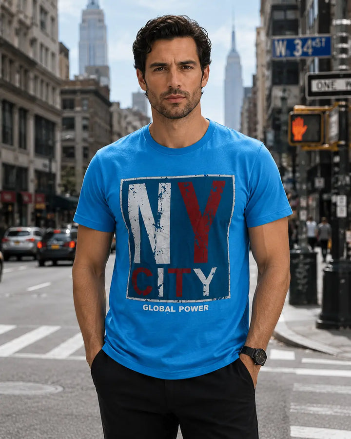 Mesh Overlay NY City Global Power Graphic Tee Turquoise