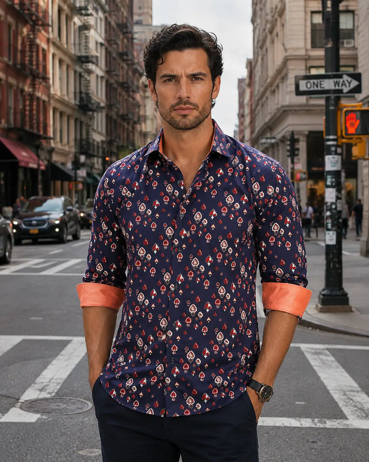Navy Ruby Hearts Long Sleeve Dress Shirt