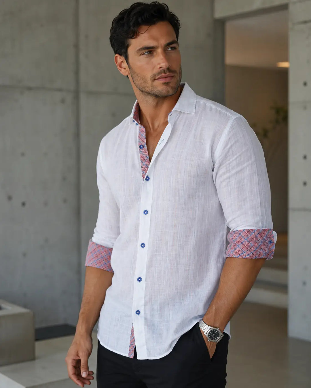 Linen Plaid-Trim White Shirt with Plaid Contrast Trim | Bespoke Moda