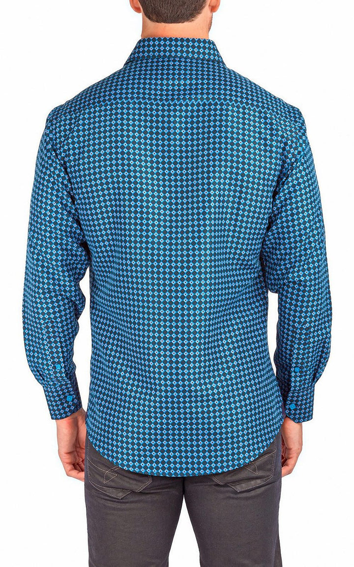 Geometric Diamond Print Blue Shirt with Contrast Cuffs | Bespoke Moda