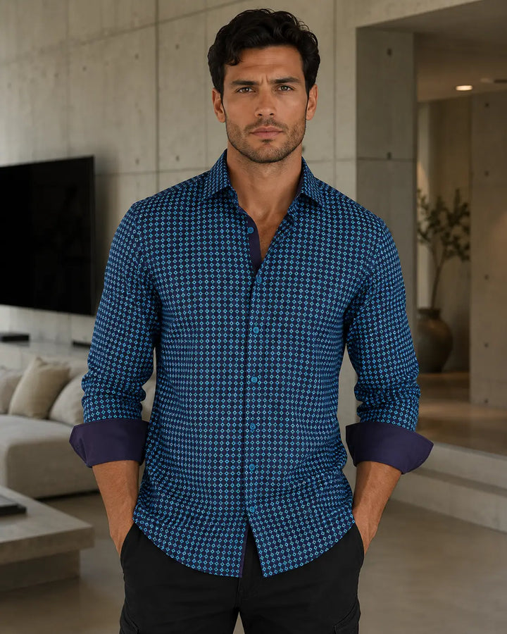 Geometric Diamond Print Blue Shirt with Contrast Cuffs | Bespoke Moda