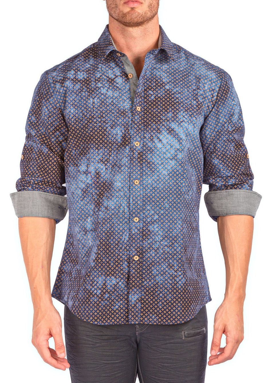 Men's Blue Printed Button Up Long Sleeve Dress Shirt
