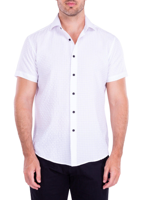 Gingham Texture Solid Button Up Short Sleeve Dress Shirt
