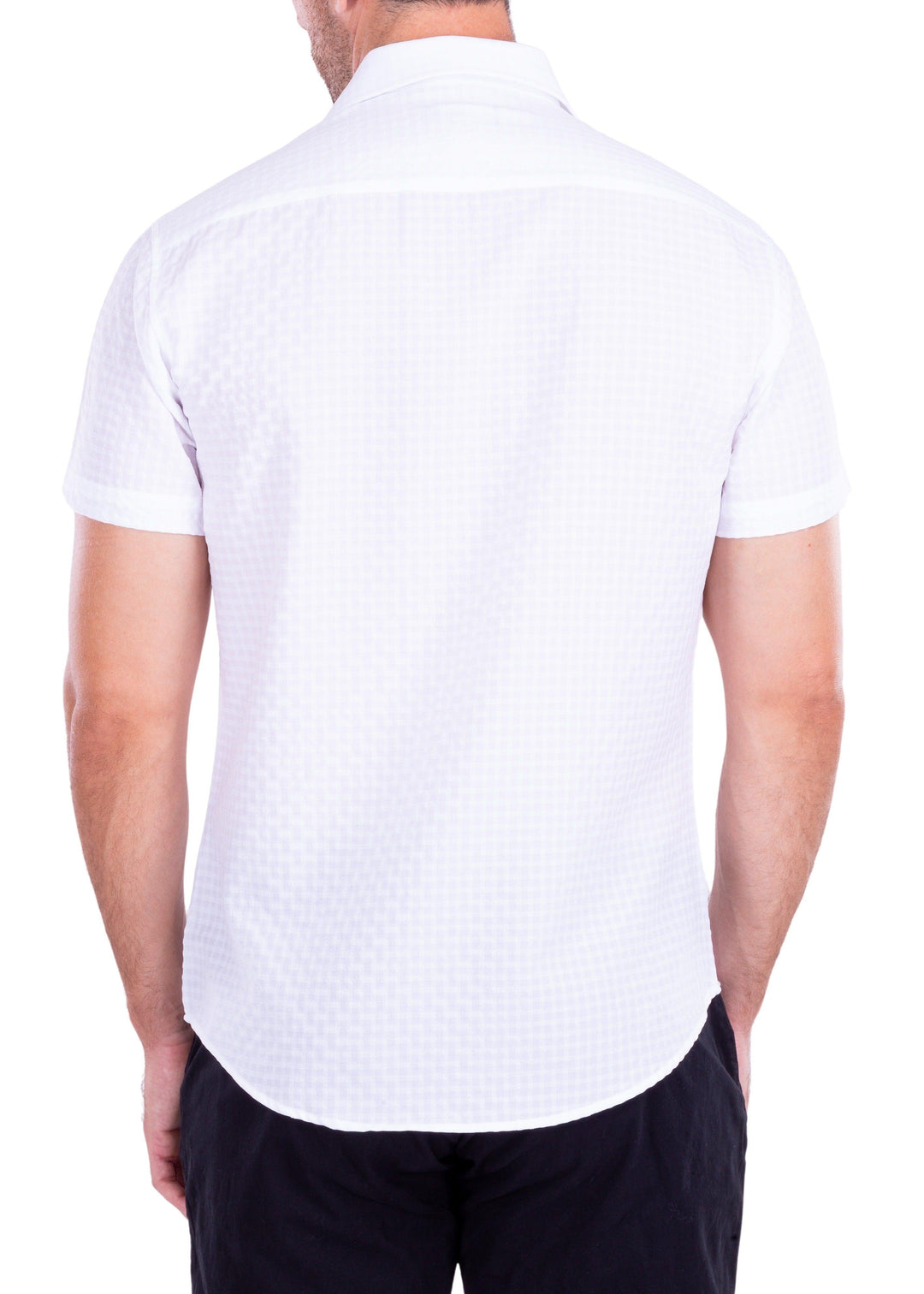 Gingham Texture Solid Button Up Short Sleeve Dress Shirt