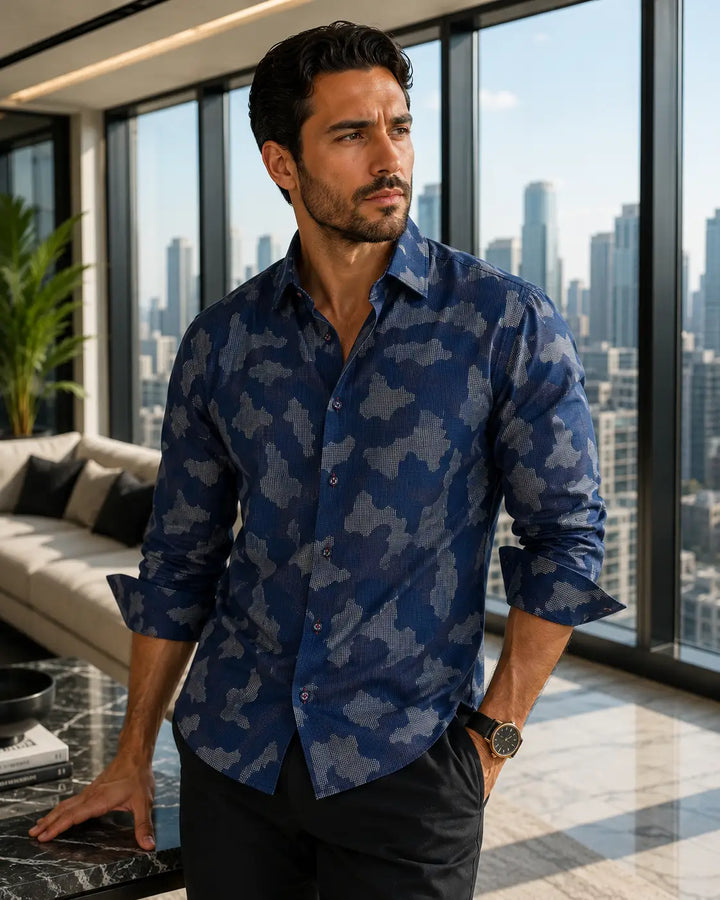Men's Navy Camo Button Up Long Sleeve Dress Shirt