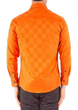 Checkered Texture Solid Orange Button Up Long Sleeve Dress Shirt