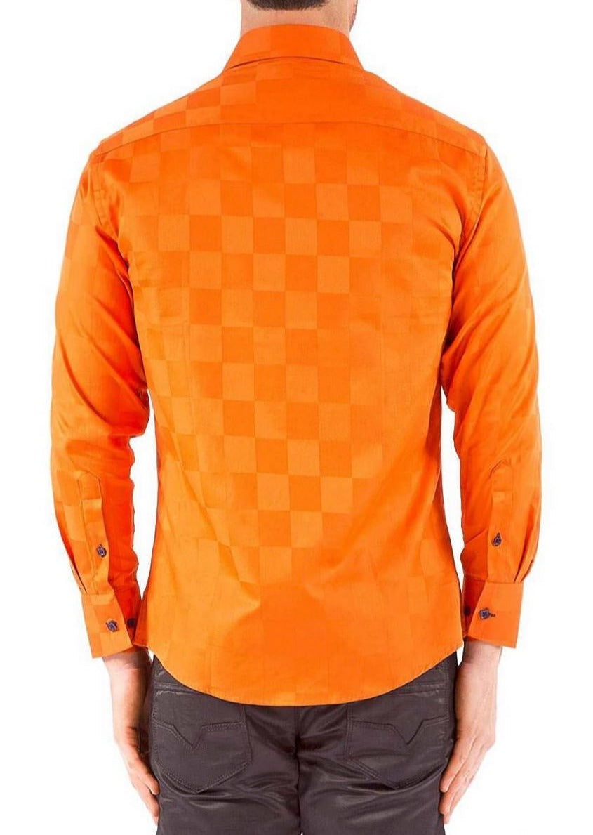 Checkered Texture Solid Orange Button Up Long Sleeve Dress Shirt
