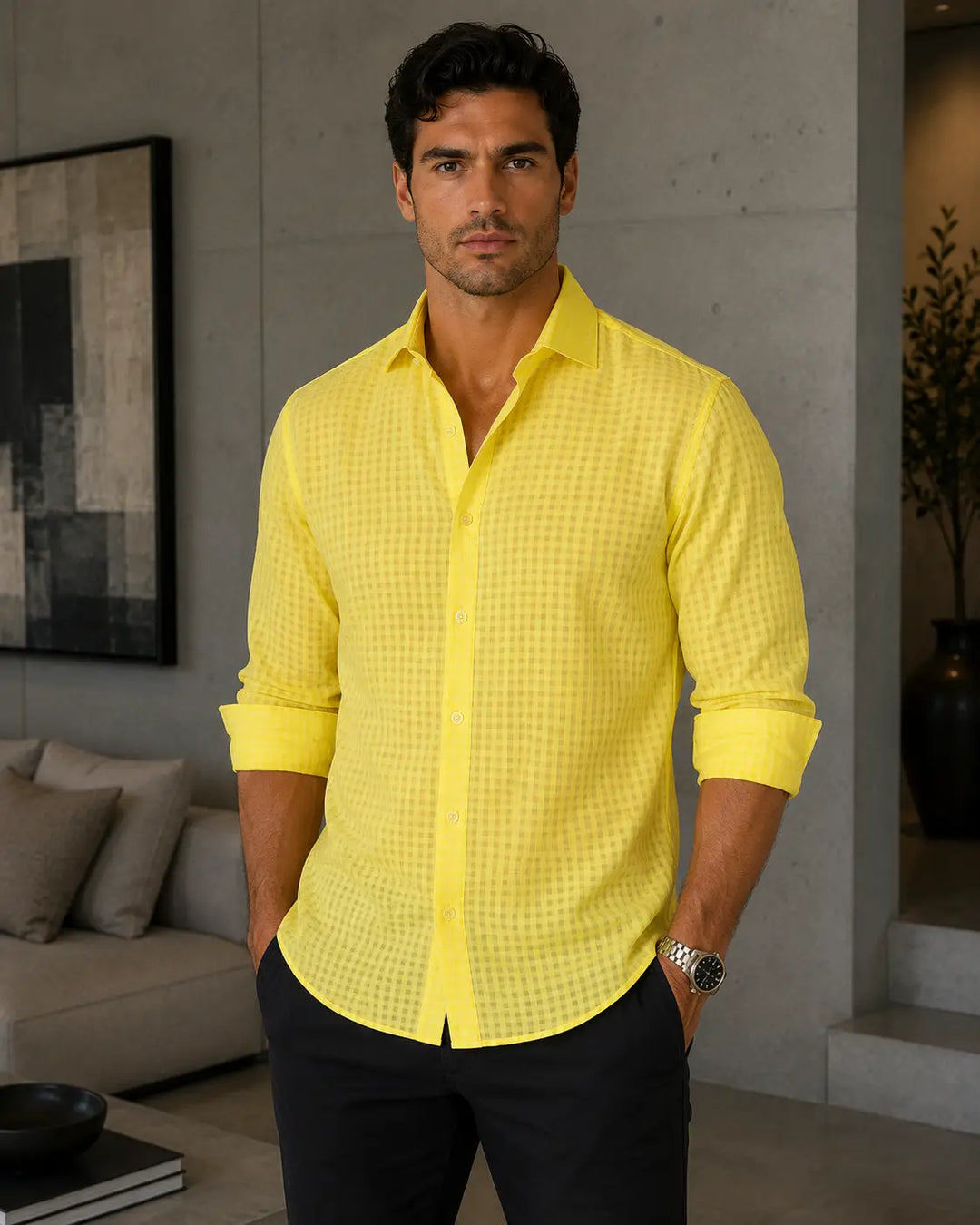 Gingham Texture Solid Yellow Button Up Long Sleeve Dress Shirt