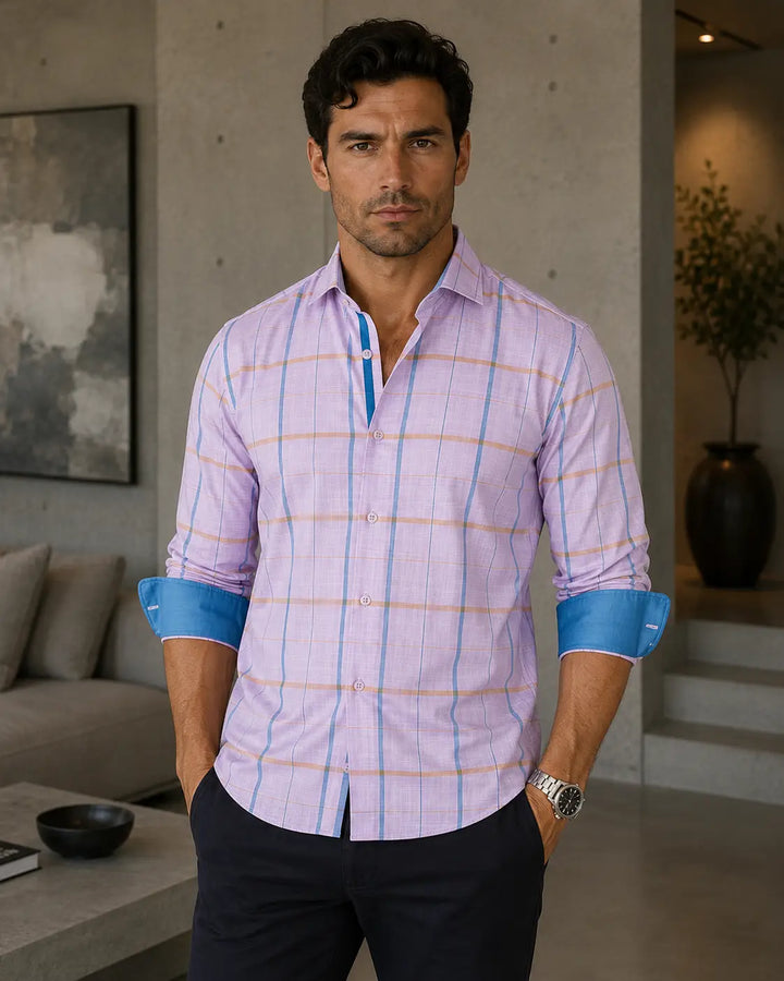 Lavender Plaid Button Up Long Sleeve Dress Shirt