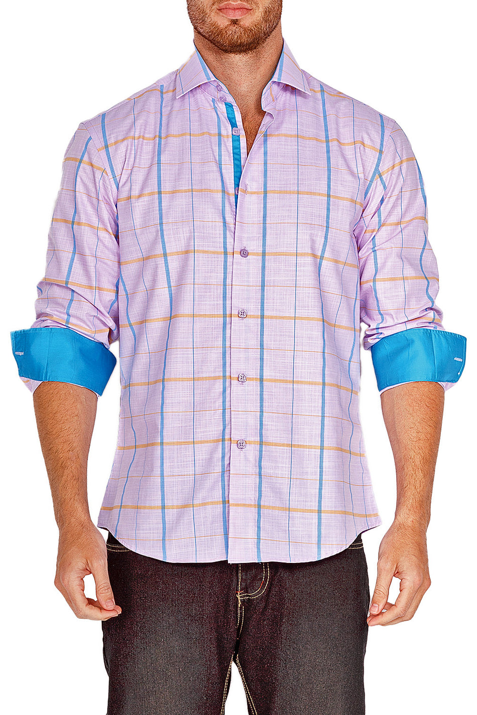 Lavender Plaid Button Up Long Sleeve Dress Shirt