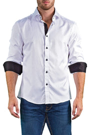 Men's White Striped Button Up Long Sleeve Dress Shirt
