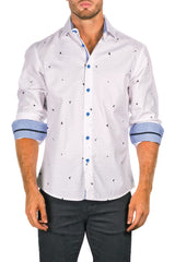 Zig-Zag Texture Pyramid Print White Button Up Long Sleeve Dress Shirt