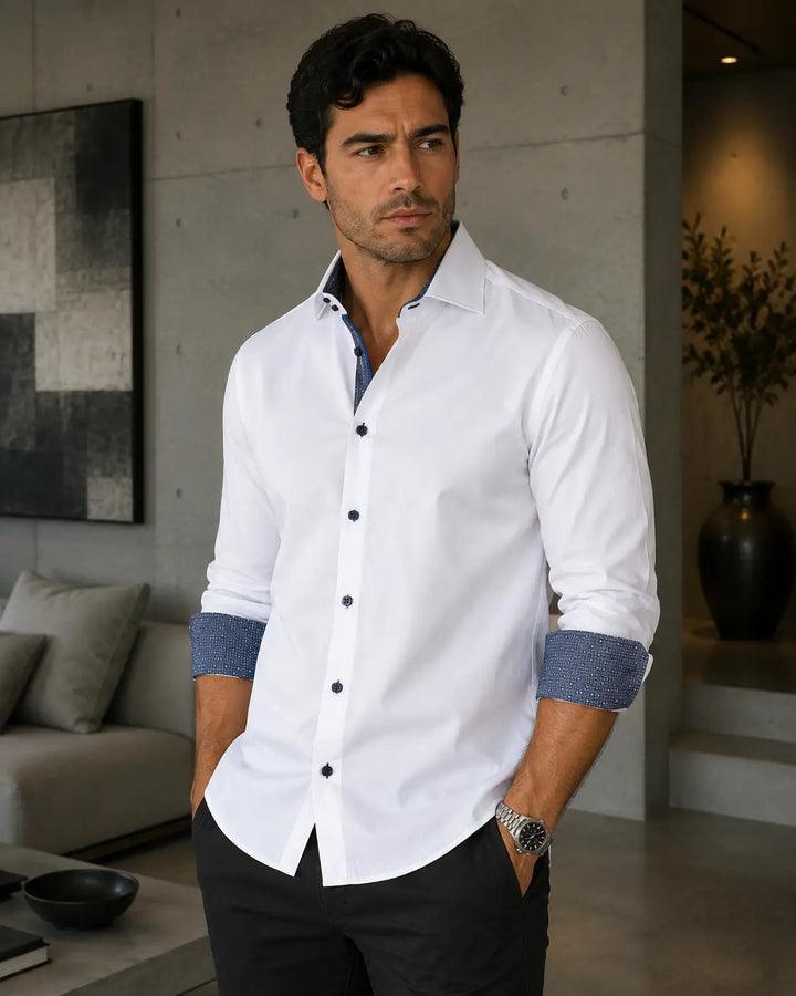 Men's White Button Up Contrast Cuff Long Sleeve Dress Shirt