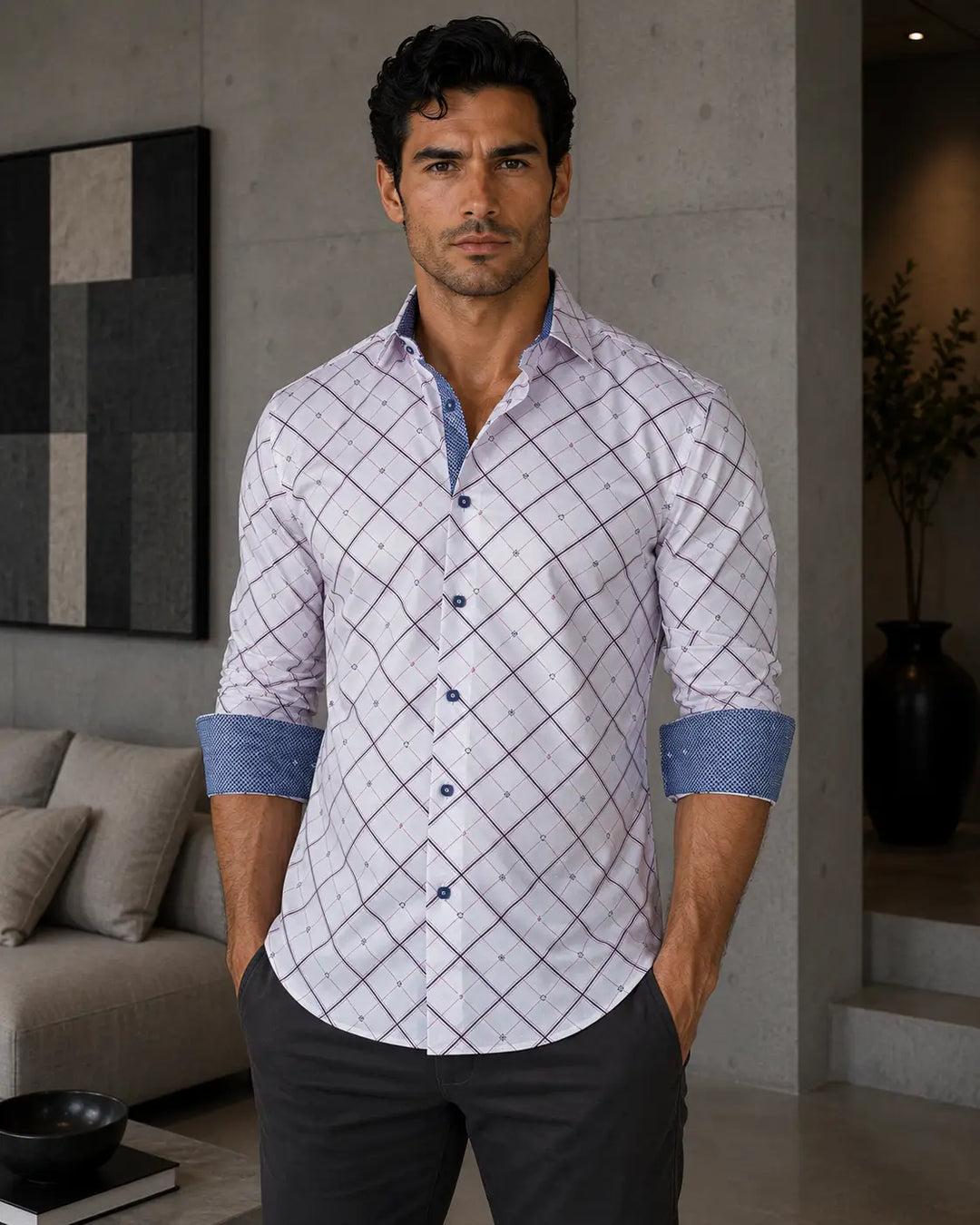 Men's Diamond White Button Up Long Sleeve Dress Shirt