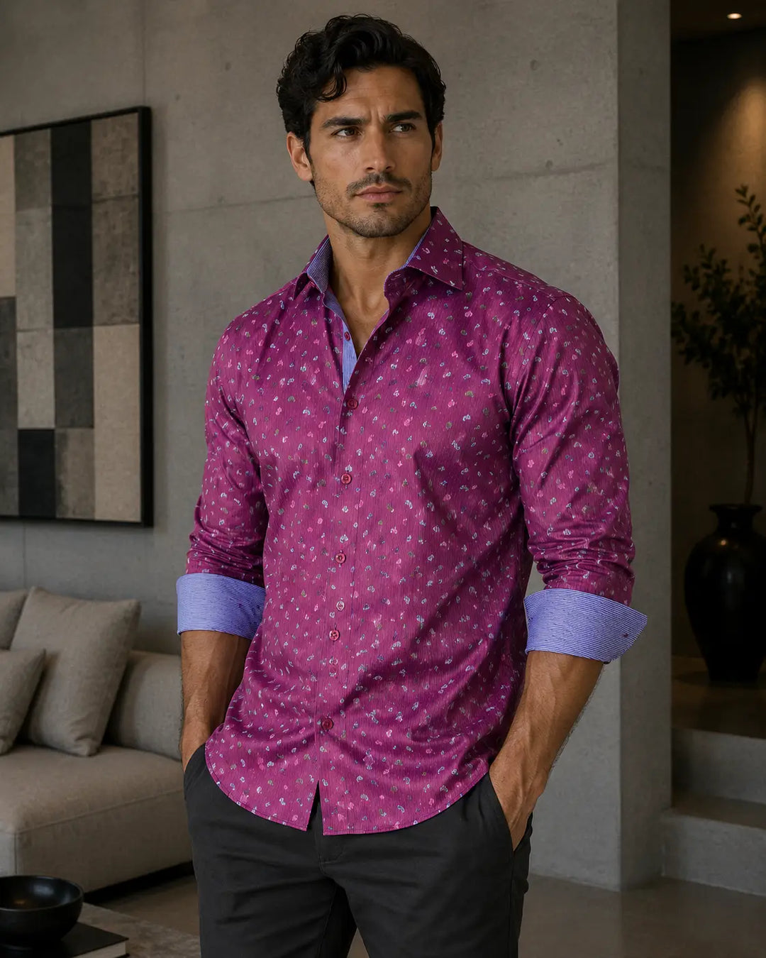 Men's Burgundy Micro Paisley Long Sleeve Button Up