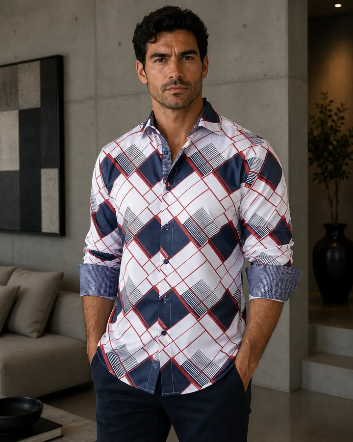 Geometric Retro Contrast Print Red Button Up Long Sleeve Dress Shirt