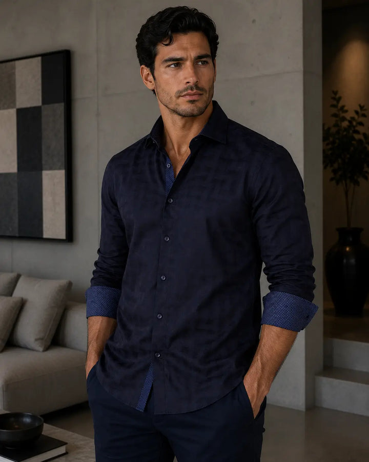 Men's Black Patterned Long Sleeve Button Up