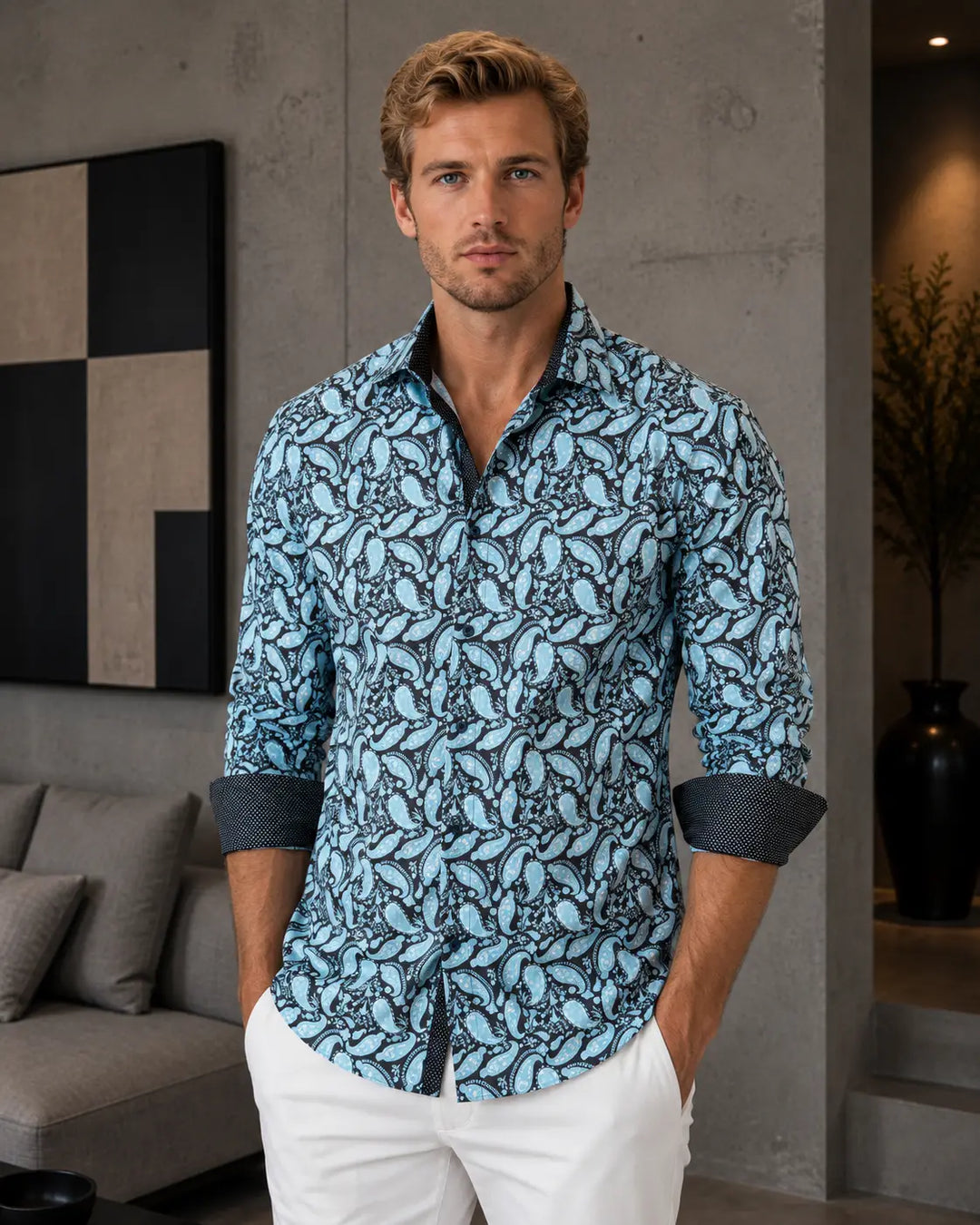 Men's Sky Blue Paisley Print Shirt with Navy Contrast Trim | Bespoke Moda