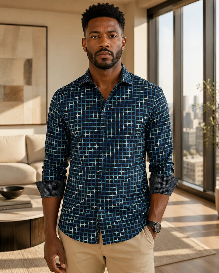 Men's Black Checkered Long Sleeve Button Up