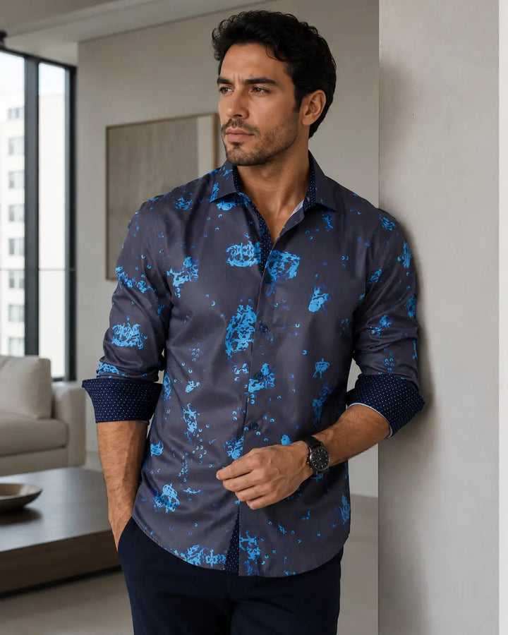 Men's Blue Abstract Print Long Sleeve Button Up