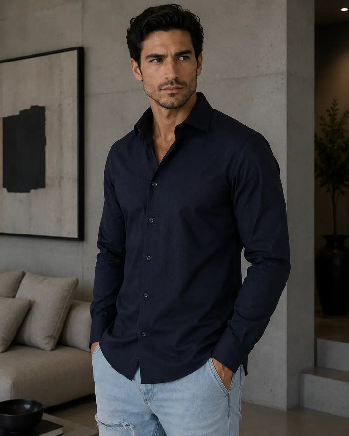 Simple Texture Pattern Long Sleeve Dress Shirt Solid Black