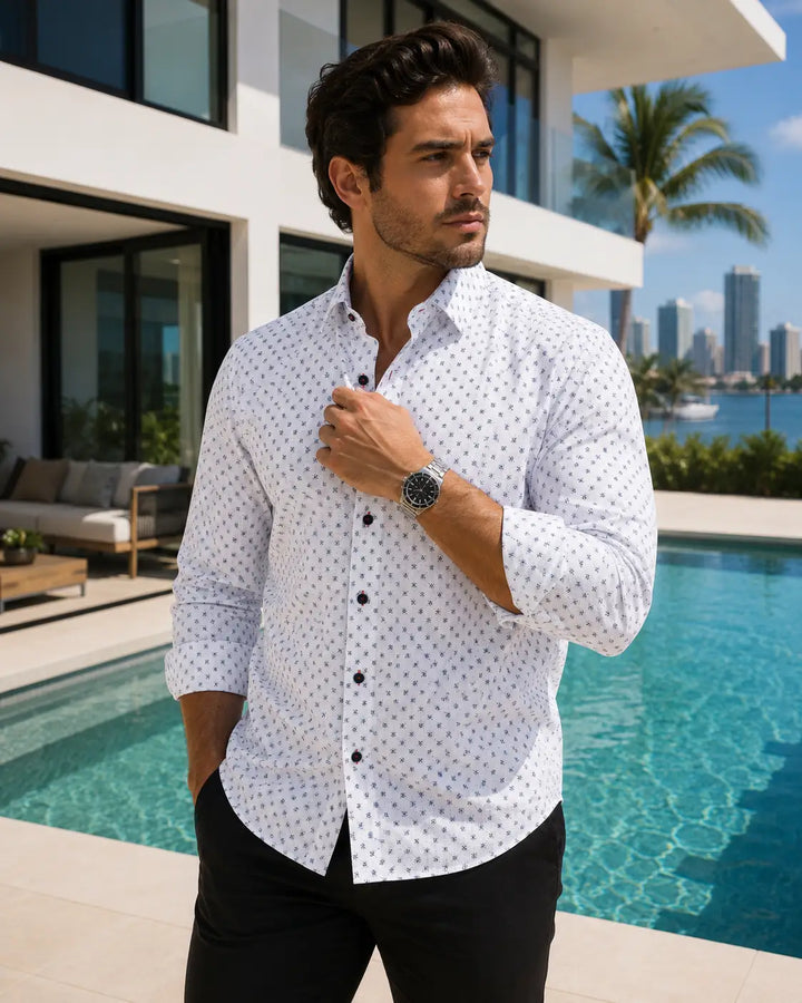 Flower Motif Micropattern Long Sleeve Dress Shirt White