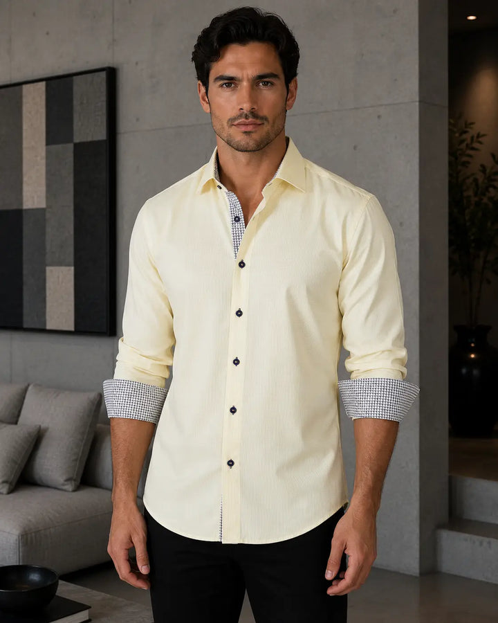 Micro Square Pattern Long Sleeve Dress Shirt Yellow